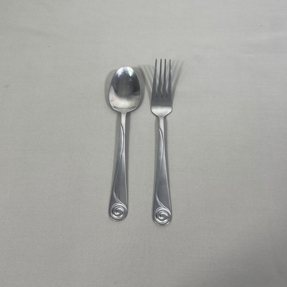 Vtg Farberware Swirl Stainless Flatware Glossy 2pc Fork Spoon Discontinued 08-09